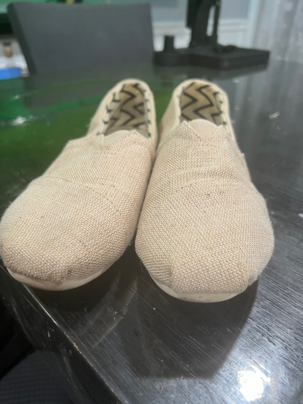 Toms Beige Canvas Slip-Ons with Light Blue Logo Tabs